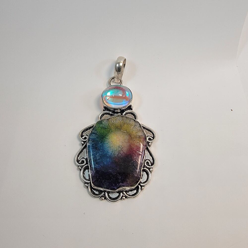 Handmade Sterling Silver Rainbow Gemstone and Opal Pendant Unique Jewelry Piece
